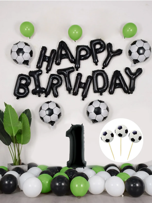 Futbol Temalı Konsept Doğum Günü Balon Seti Siyah Happy Birthday Folyo Balon 1 Yaş