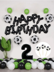 Futbol Temalı Konsept Doğum Günü Balon Seti Siyah Happy Birthday Folyo Balon 2 Yaş