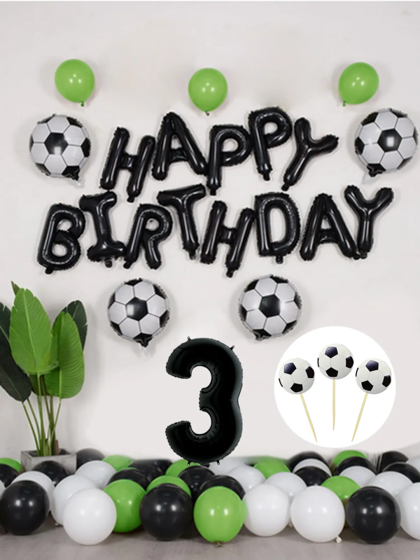 Futbol Temalı Konsept Doğum Günü Balon Seti Siyah Happy Birthday Folyo Balon 3 Yaş