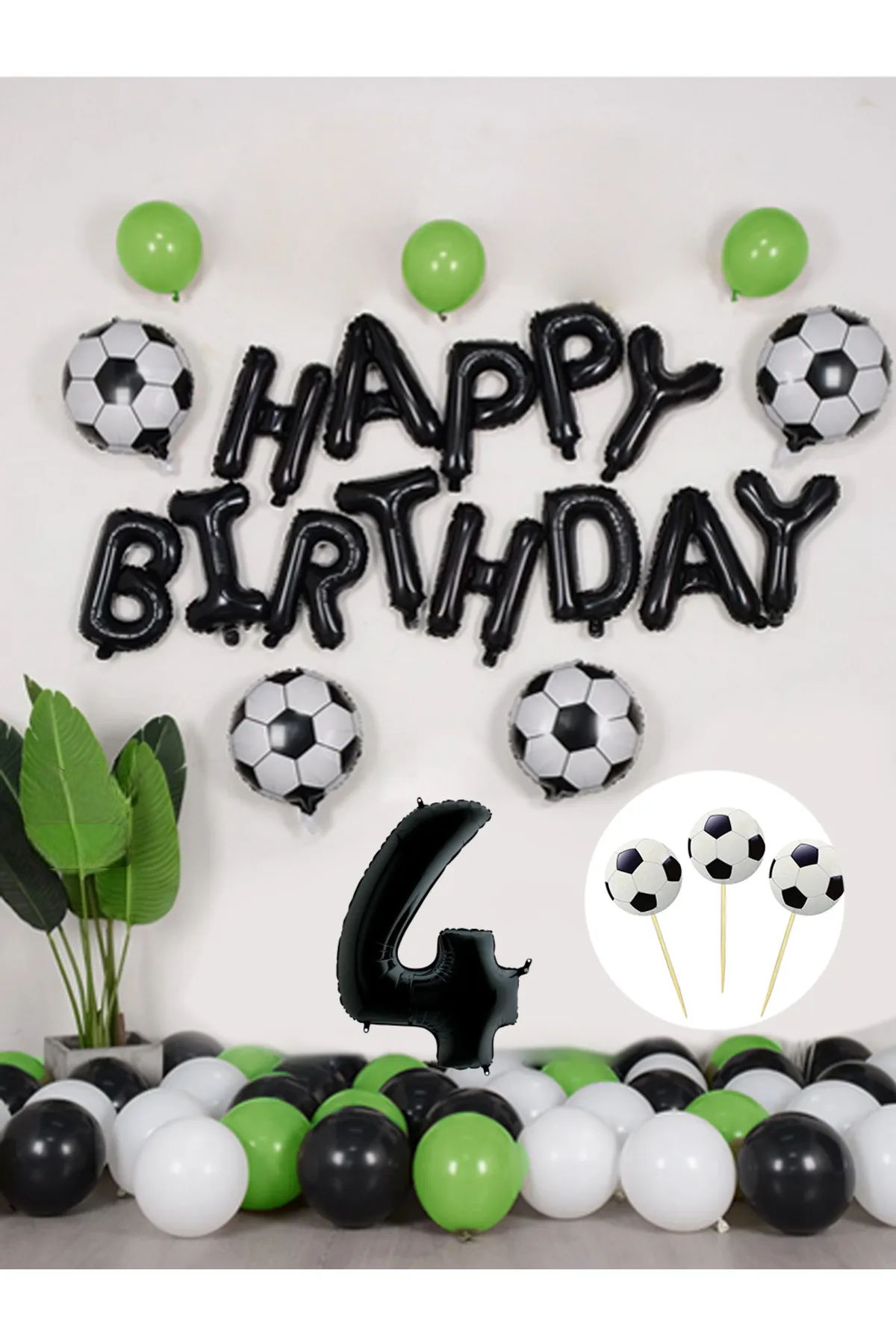 Futbol Temalı Konsept Doğum Günü Balon Seti Siyah Happy Birthday Folyo Balon 4 Yaş