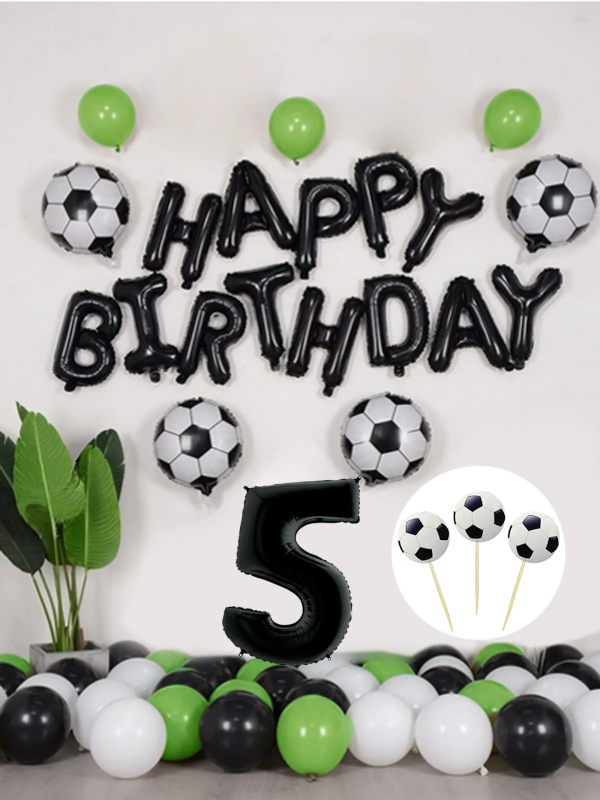 Futbol Temalı Konsept Doğum Günü Balon Seti Siyah Happy Birthday Folyo Balon 5 Yaş