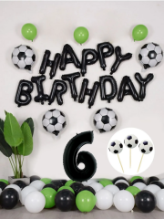 Futbol Temalı Konsept Doğum Günü Balon Seti Siyah Happy Birthday Folyo Balon 6 Yaş