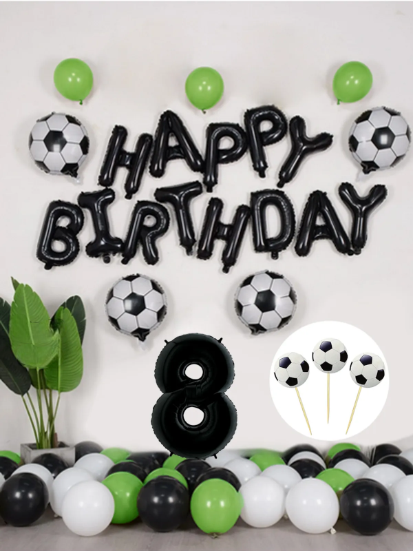 Futbol Temalı Konsept Doğum Günü Balon Seti Siyah Happy Birthday Folyo Balon 8 Yaş