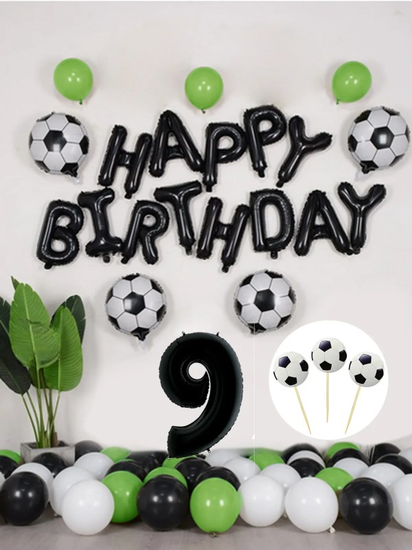 Futbol Temalı Konsept Doğum Günü Balon Seti Siyah Happy Birthday Folyo Balon 9 Yaş