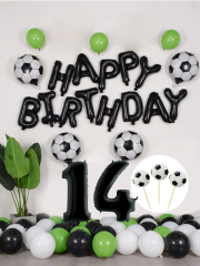 Futbol Temalı Konsept Doğum Günü Balon Seti Siyah Happy Birthday Folyo Balon 14 Yaş