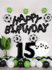 Futbol Temalı Konsept Doğum Günü Balon Seti Siyah Happy Birthday Folyo Balon 15 Yaş