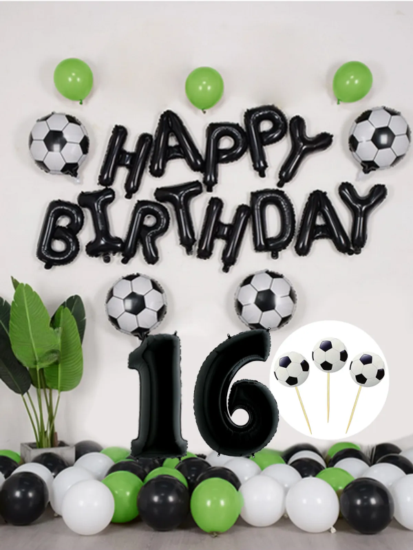 Futbol Temalı Konsept Doğum Günü Balon Seti Siyah Happy Birthday Folyo Balon 16 Yaş