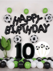 Futbol Temalı Konsept Doğum Günü Balon Seti Siyah Happy Birthday Folyo Balon 10 Yaş