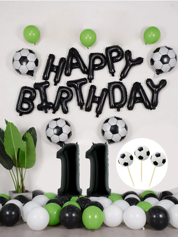 Futbol Temalı Konsept Doğum Günü Balon Seti Siyah Happy Birthday Folyo Balon 11 Yaş