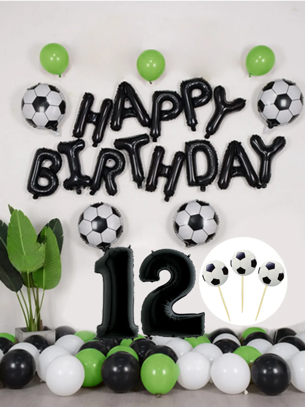 Futbol Temalı Konsept Doğum Günü Balon Seti Siyah Happy Birthday Folyo Balon 12 Yaş