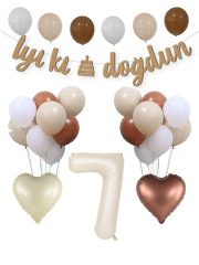 Kraft iyiki Doğdun Yazı Retro Kalp Folyo Balon Krem Rakam Folyo Balon Doğum Günü Balon Set 7 Yaş