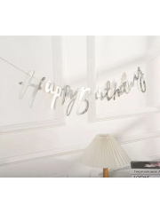 Happy Birthday Kaligrafik Italik Yazı Banner Gümüş Renk