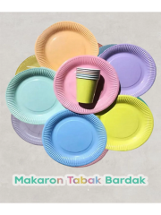 Makaron Karton Tabak Bardak 8'li Set Doğum Günü Tabak Bardak Seti