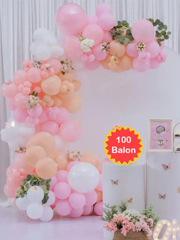 Makaron Somon Pembe Beyaz Balon Zincir Seti Doğum Günü Balon Seti 100 Adet