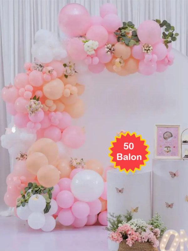 Makaron Somon Pembe Beyaz Balon Zincir Seti Doğum Günü Balon Seti 25 Adet