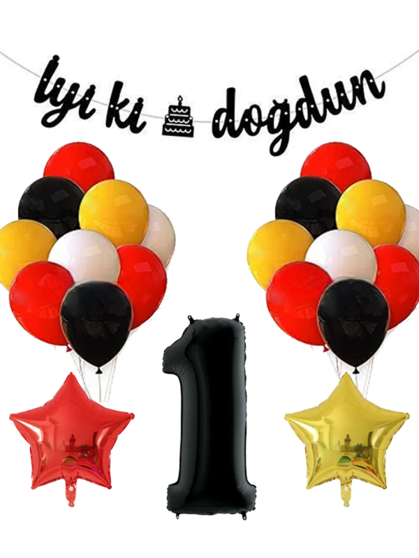 Sarı Kırmızı Beyaz Siyah Pastel Balon Siyah Rakam Folyo Balon Yıldız Folyo Balon Doğum Günü Balon Seti 9 Yaş