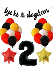 Sarı Kırmızı Beyaz Siyah Pastel Balon Siyah Rakam Folyo Balon Yıldız Folyo Balon Doğum Günü Balon Seti 2 Yaş