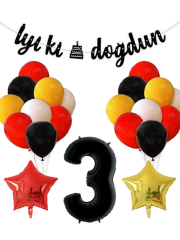 Sarı Kırmızı Beyaz Siyah Pastel Balon Siyah Rakam Folyo Balon Yıldız Folyo Balon Doğum Günü Balon Seti 3 Yaş