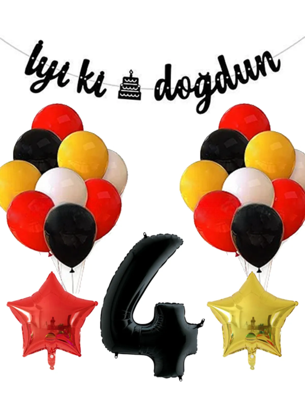 Sarı Kırmızı Beyaz Siyah Pastel Balon Siyah Rakam Folyo Balon Yıldız Folyo Balon Doğum Günü Balon Seti 4 Yaş