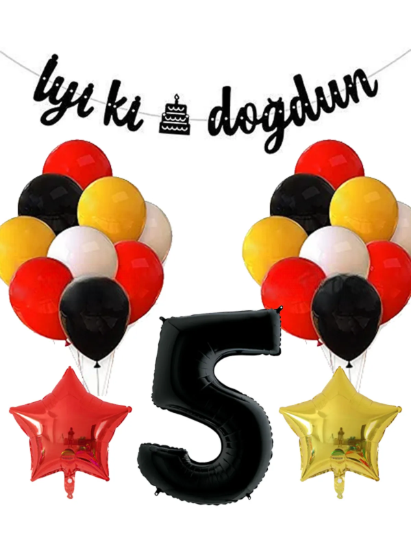 Sarı Kırmızı Beyaz Siyah Pastel Balon Siyah Rakam Folyo Balon Yıldız Folyo Balon Doğum Günü Balon Seti 5 Yaş