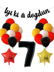 Sarı Kırmızı Beyaz Siyah Pastel Balon Siyah Rakam Folyo Balon Yıldız Folyo Balon Doğum Günü Balon Seti 7 Yaş