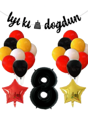 Sarı Kırmızı Beyaz Siyah Pastel Balon Siyah Rakam Folyo Balon Yıldız Folyo Balon Doğum Günü Balon Seti 8 Yaş