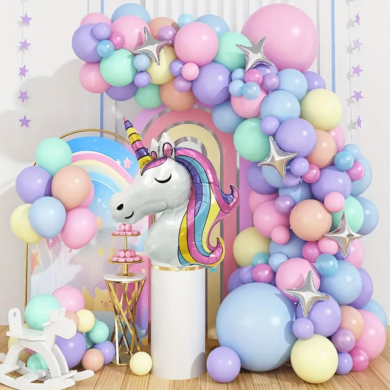 Unicorn Temalı Balon zinciri Unicorn Folyo Balon (Pompa Hediyeli) 130 Parça